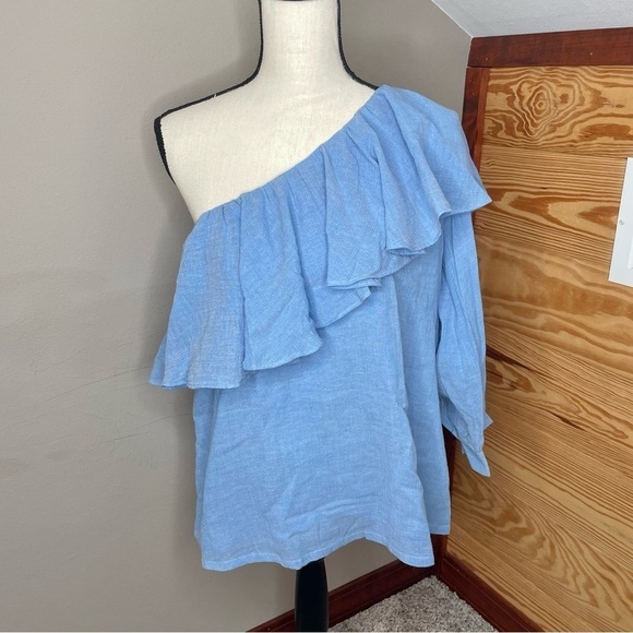 Ann Taylor Loft Blue Chambray Cotton One Shoulder Ruffle Top Blouse Small NWT - Picture 4 of 11